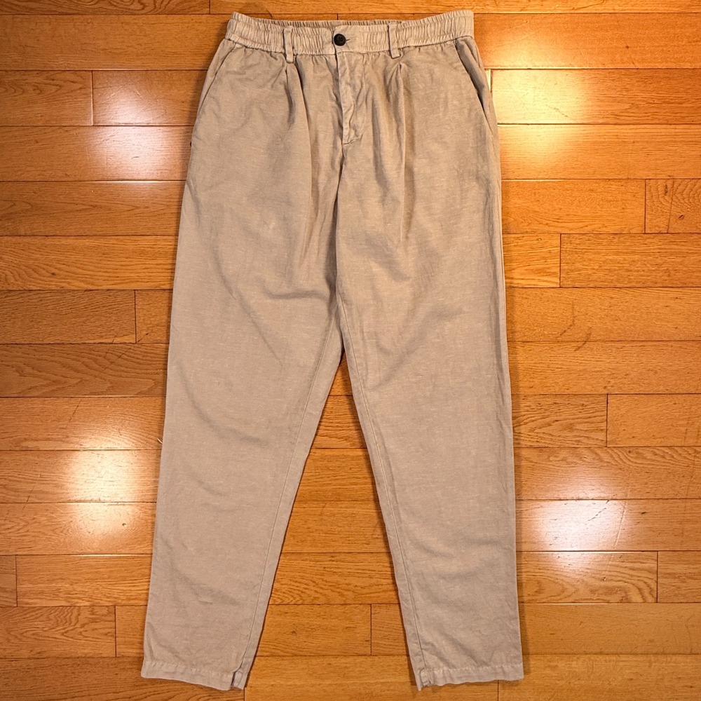 White Sand Mens Beige Linen Blend Pleated Elastic Waist Tapered Pants Size 46